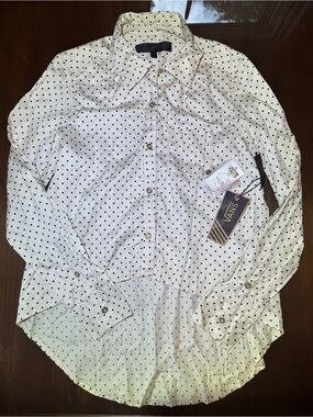 Womens Vans White Button-Up Shirt Black Polka Dots High-Low Hem NWT Gold Buttons